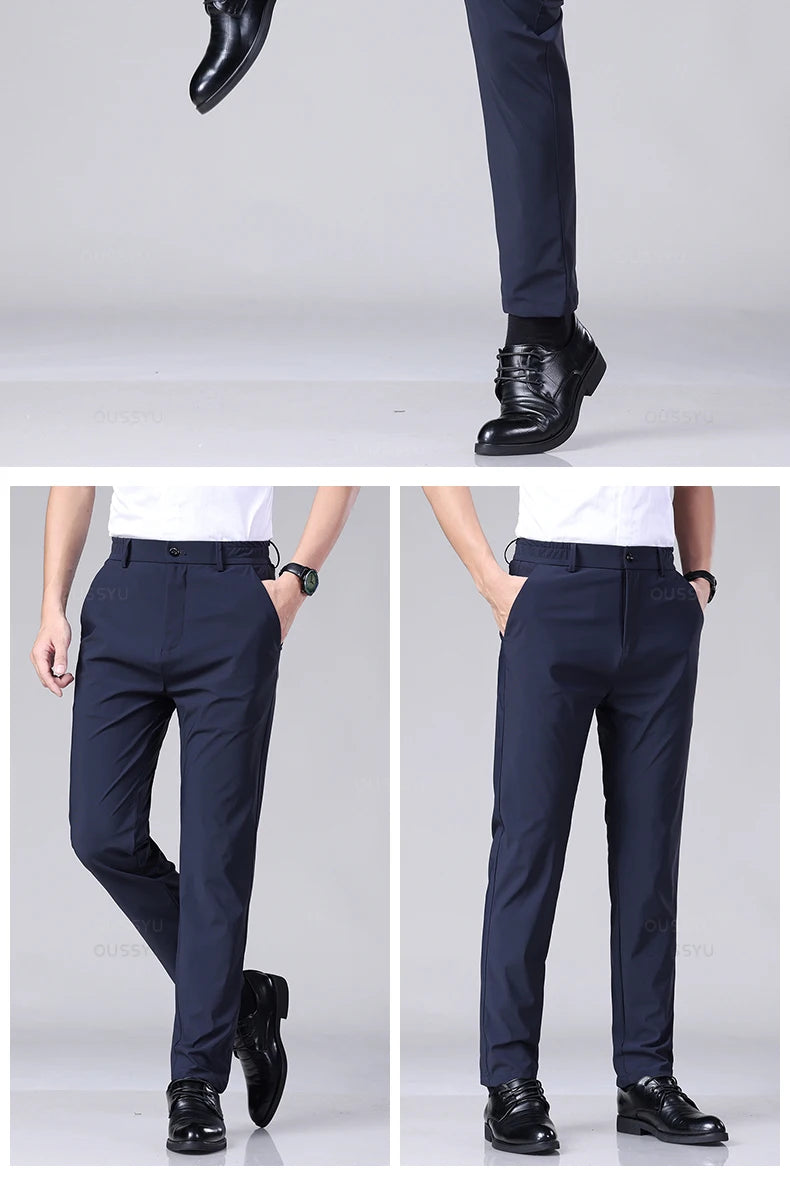 Men's Summer Classic Stretch Suit Trousers – Lightweight Business Casual Pants with Elastic Waist in Black, Gray, or Blue