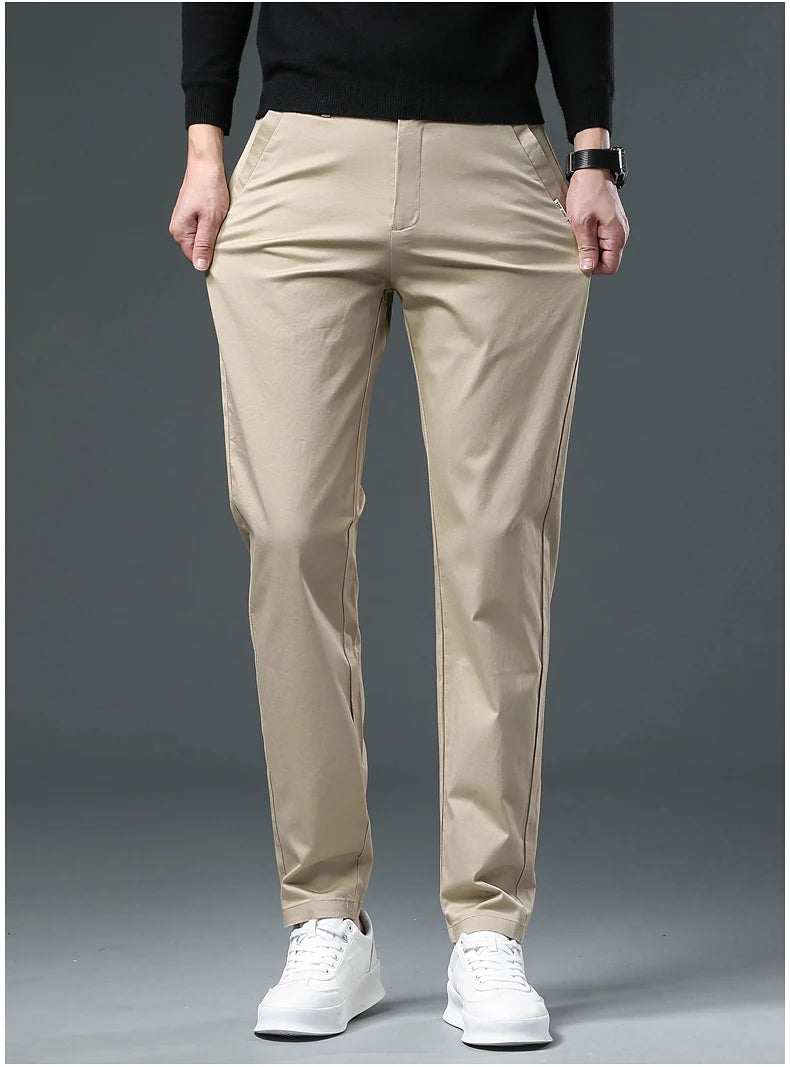 Men’s Classic Straight-Leg Cotton Trousers – 98% Cotton, Breathable Business Casual Pants with Elastic Comfort – Ideal for Spring & Summer