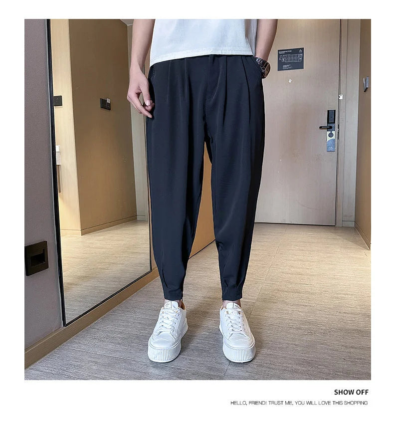 Men’s Spring & Summer Casual Solid Color Ice Silk Trousers — Korean Style Slim Ankle Pants with Zipper Detail, Smooth & Lightweight for a Handsome Look
