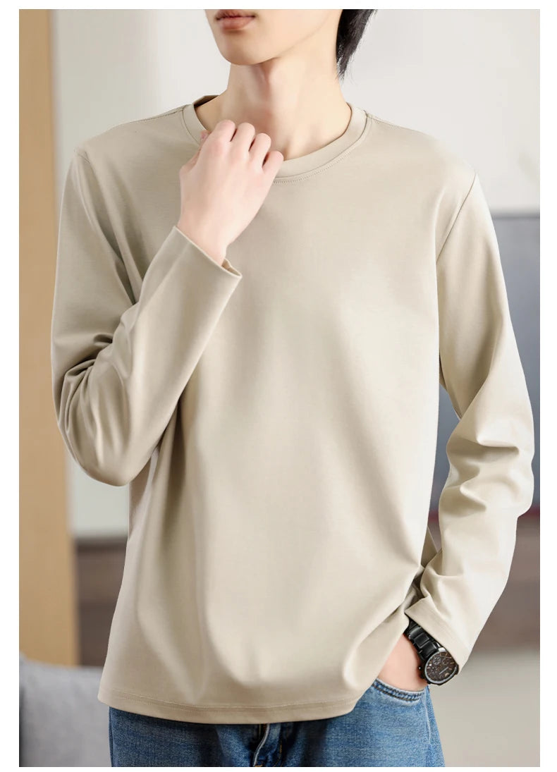 Men's Summer Long Sleeve T-shirt – Solid Color, Round Neck, Casual Style, Made from Mercerized Cotton