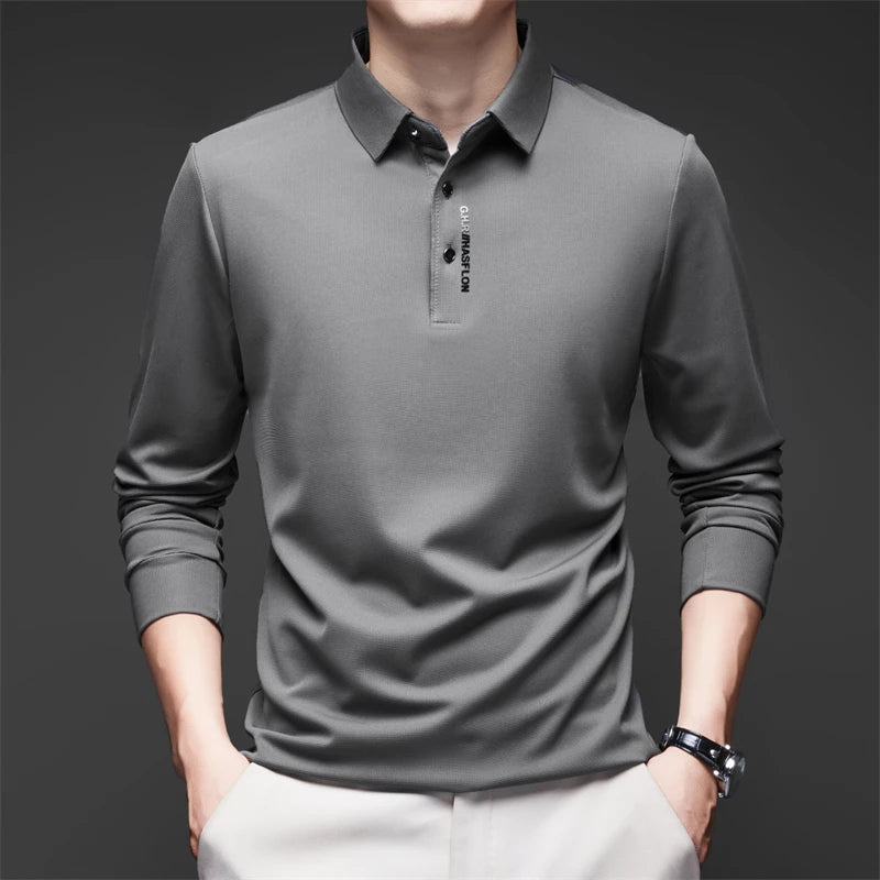 Men's Long Sleeve Polo Shirt – Solid Color, Business Casual, Stylish & Breathable Shirt with Badge Design