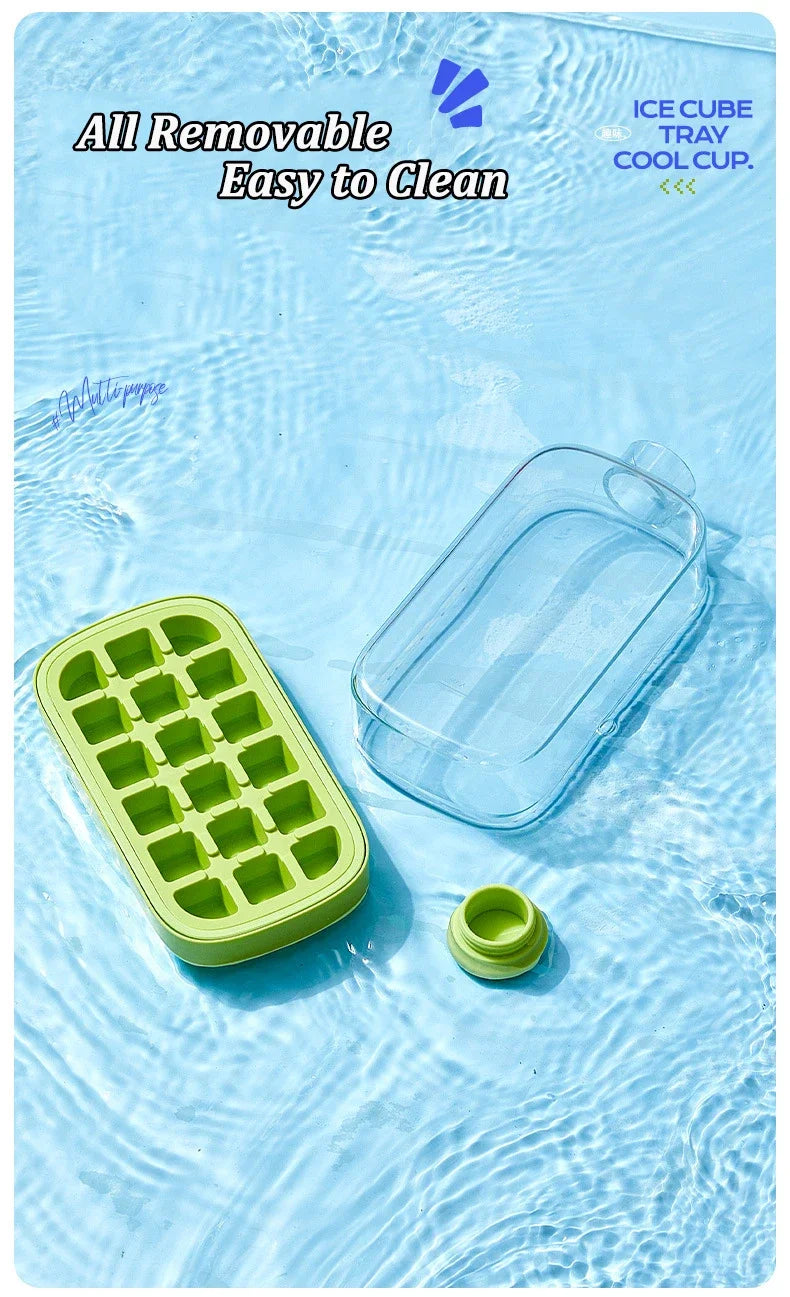 No-Spill Ice Cube Tray with Lid – Touch-Free Silicone Ice Mold for Freezer with Straw & Cable Tie