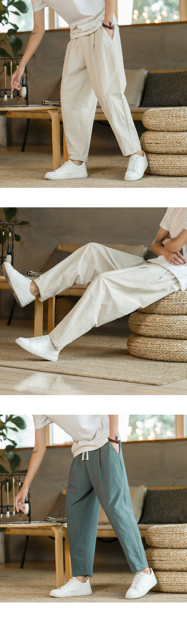 Men's Casual Cotton-Linen Pants – Breathable Loose-Fit Straight-Leg Drawstring Trousers in Solid Colors, Stylish Summer Streetwear
