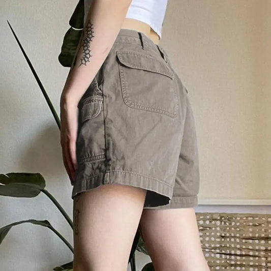 Women's Retro Mid-Waist Cargo Shorts – Casual Summer Streetwear with Pockets