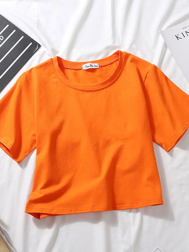Women’s Summer Casual Cotton Short Sleeve Crop Top – Solid Color O-Neck Loose Fit T-ShirtT