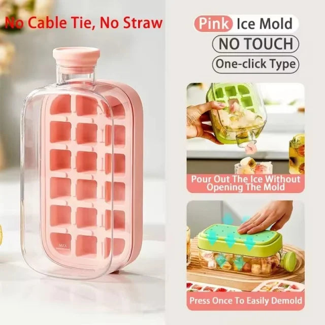 No-Spill Ice Cube Tray with Lid – Touch-Free Silicone Ice Mold for Freezer with Straw & Cable Tie