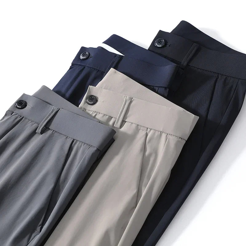 Men's Summer Lightweight Stretch Suit Pants – Slim Fit Korean Style Business Casual Trousers with Elastic Waist