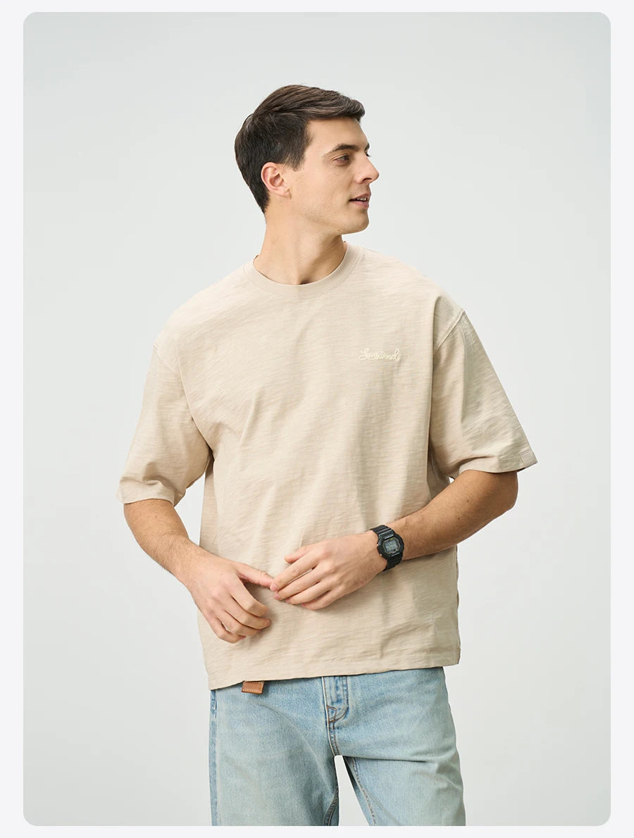 SIMWOOD 2025 Summer Oversized Heavyweight 300gsm Slub Cotton T-Shirt for Men with Letter Embroidery