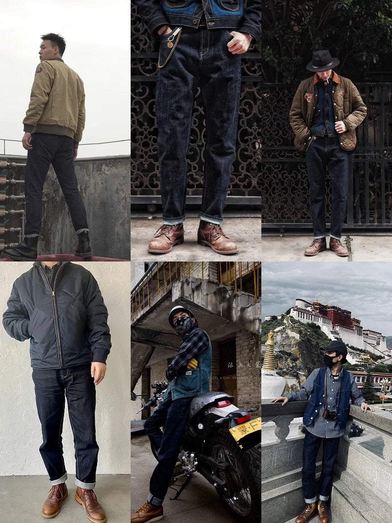 Maden 14oz Men's Vintage Selvedge Denim Jeans – Straight Fit with Horsehide Patch & Paris Buckle, Autumn/Winter Style