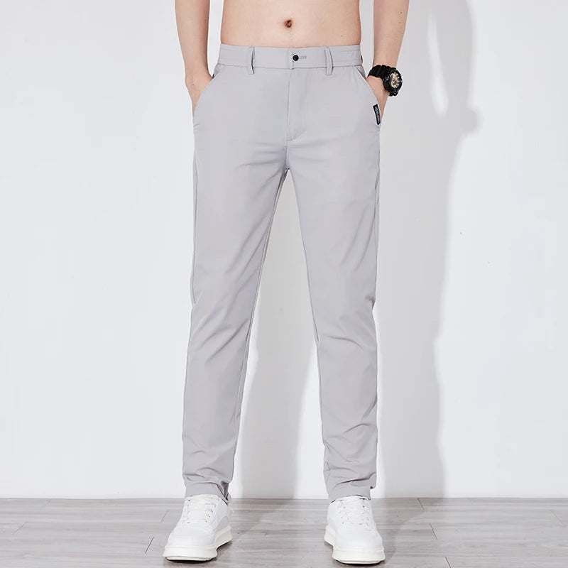 Men's Summer Silk-Feel Stretch Trousers – Lightweight Classic Business Casual Pants with Elastic Waist – Korean Style Smooth Suit Pants in Black or Gray