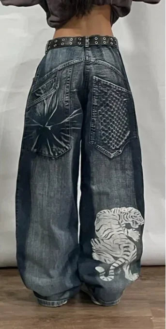 2024 Retro Y2K High-Waisted Straight-Leg Baggy Jeans for Women – Harajuku Street Style Washed Denim with Pockets