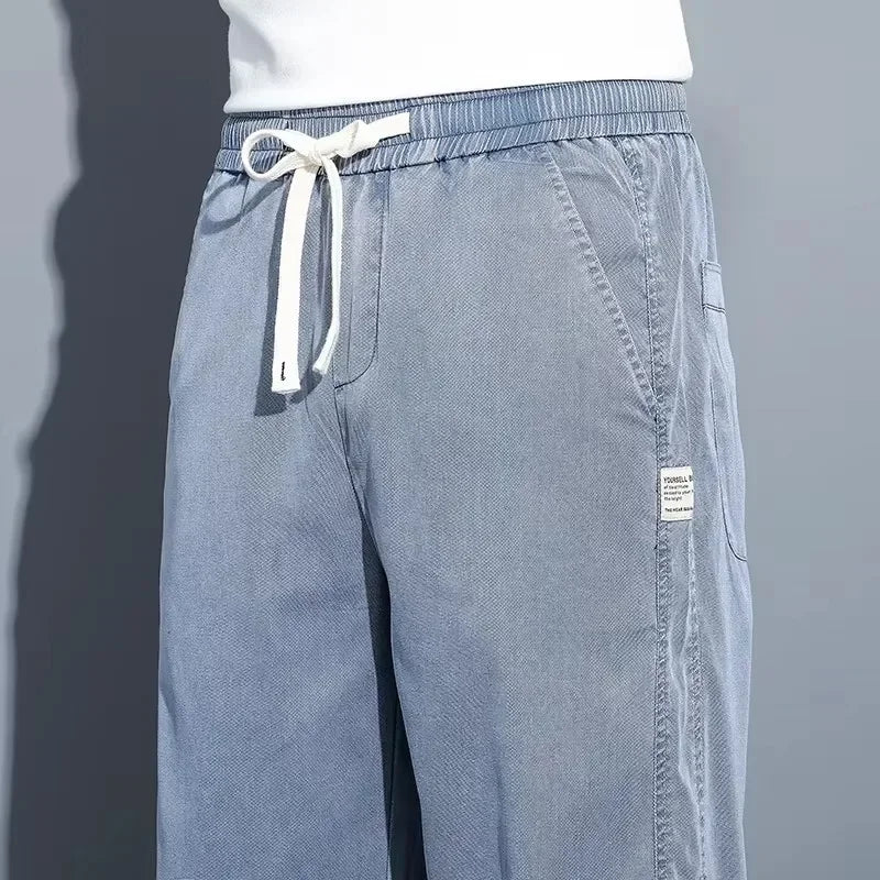 2025 Summer Men's Lightweight Lyocell Jeans – Loose Fit, Straight-Leg Casual Pants with Elastic Waist and Drawstring, Korean Style 