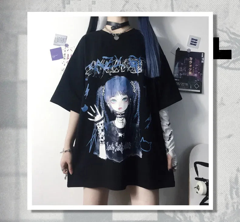 Women's Gothic Harajuku Loose T-Shirt – Aesthetic Dark Grunge Y2K Streetwear Top