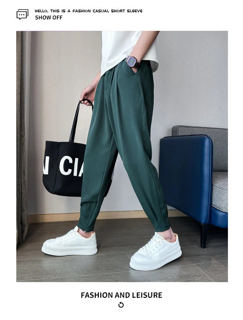 Men’s Spring & Summer Casual Solid Color Ice Silk Trousers — Korean Style Slim Ankle Pants with Zipper Detail, Smooth & Lightweight for a Handsome Look