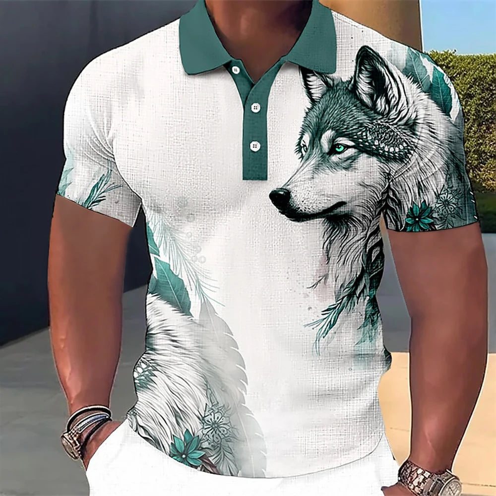 Men’s Polo Shirt with 3D Wolf & Eagle Print – High-Quality Summer Casual Loose Fit Short Sleeve Tee