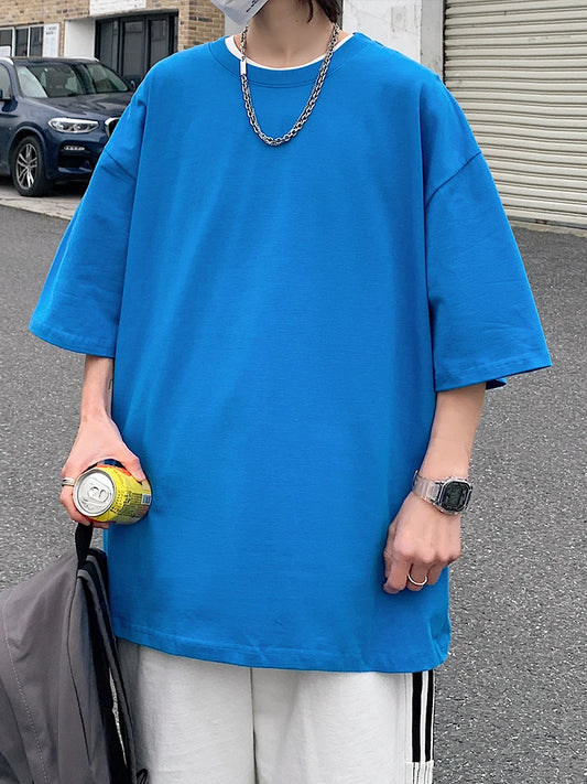 Unisex Oversized Summer T-Shirt – 210G Cotton Loose Fit Korean Style Short Sleeve Tee for Men & Women | Solid Color Y2K Hip Hop Casual Top