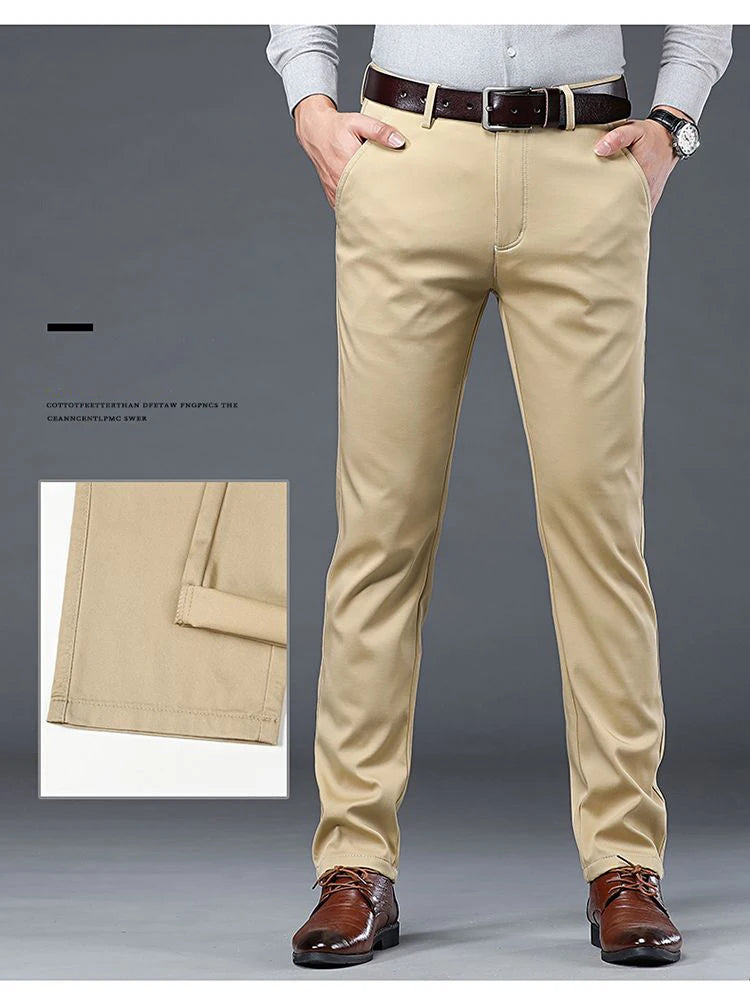 Men's Lightweight Summer Slim-Fit Suit Trousers – Business Casual Cotton Pants in Green, Black, and Khaki (Sizes 30–40)