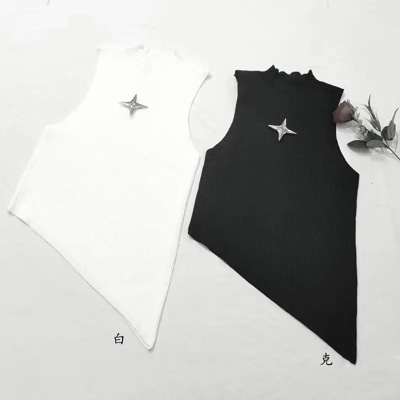 Y2K Style Women's Sleeveless Knit Crop Top – Stretchy Fitted Sweater Vest with High Neck and Asymmetrical Hem, 90s E-Girl Summer Fashion 