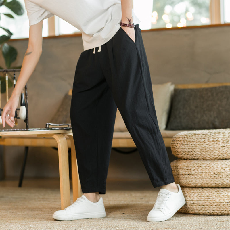 Men's Casual Cotton-Linen Pants – Breathable Loose-Fit Straight-Leg Drawstring Trousers in Solid Colors, Stylish Summer Streetwear