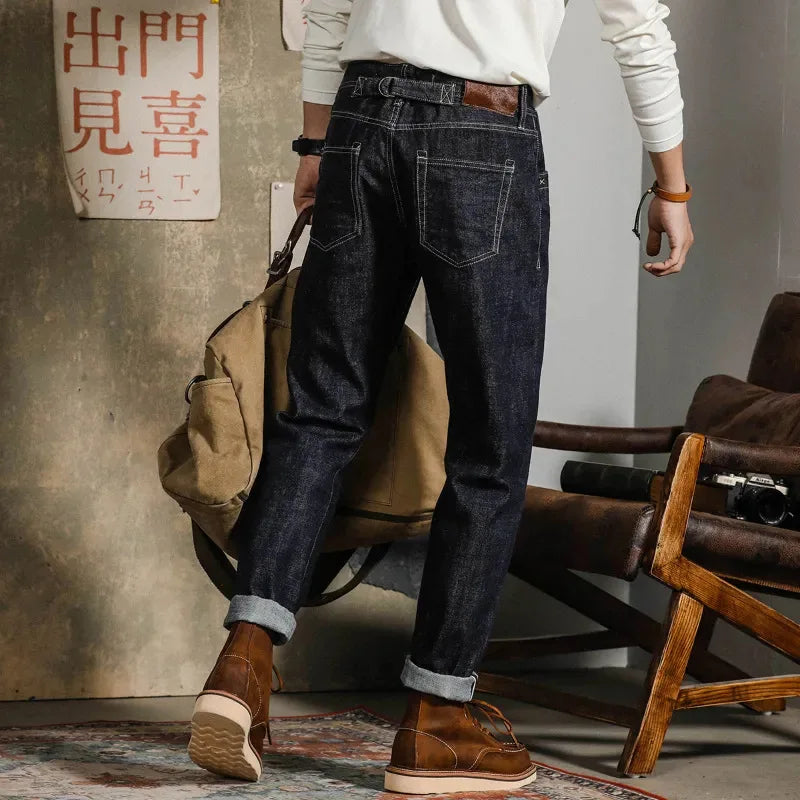 Men’s Relaxed Straight Raw Selvedge Denim Jeans – “Red Tornado” Style