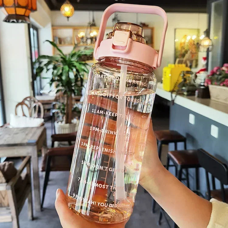 2L Large Capacity Sports Water Bottle with Straw – Time Marker Leakproof Plastic Cup for Fitness & Outdoor Use