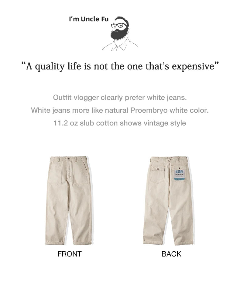 Maden Vintage Style 11.2oz White Cottonseed Hull Loose Straight-Leg Jeans for Men – Casual Spring & Autumn Chino-Inspired Cargo Trousers 
