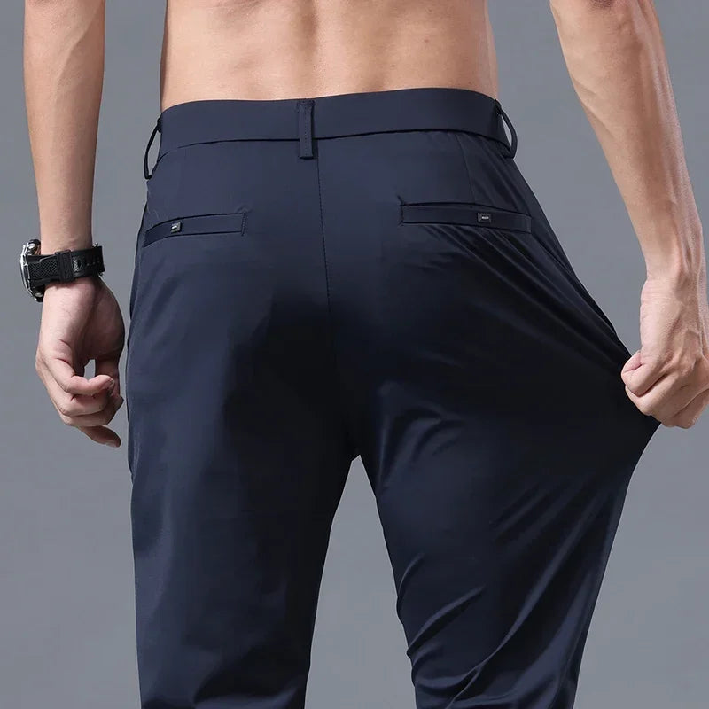Men's Summer Lightweight Stretch Suit Pants – Slim Fit Korean Style Business Casual Trousers with Elastic Waist