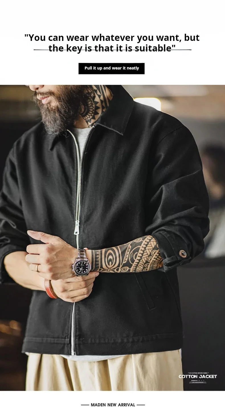Men’s Heavyweight Vintage “IKE” Zip-Up Jacket – Black Cotton Coat with Collar, Casual Outdoor / Mountain Style for Spring & Fall