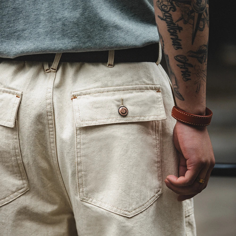 Maden Men's 11.2oz Retro White Cotton Denim Jeans – Loose Straight Fit Casual Long Pants, Streetwear-Inspired Cargo Sweatpants