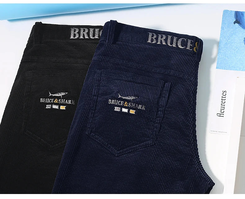 Men’s New Winter Stretch Corduroy Pants by Bruce & Shark – Thickened Cotton Casual Trousers, Loose Fit, Mid-Rise, Fashionable, Available up to Size 40