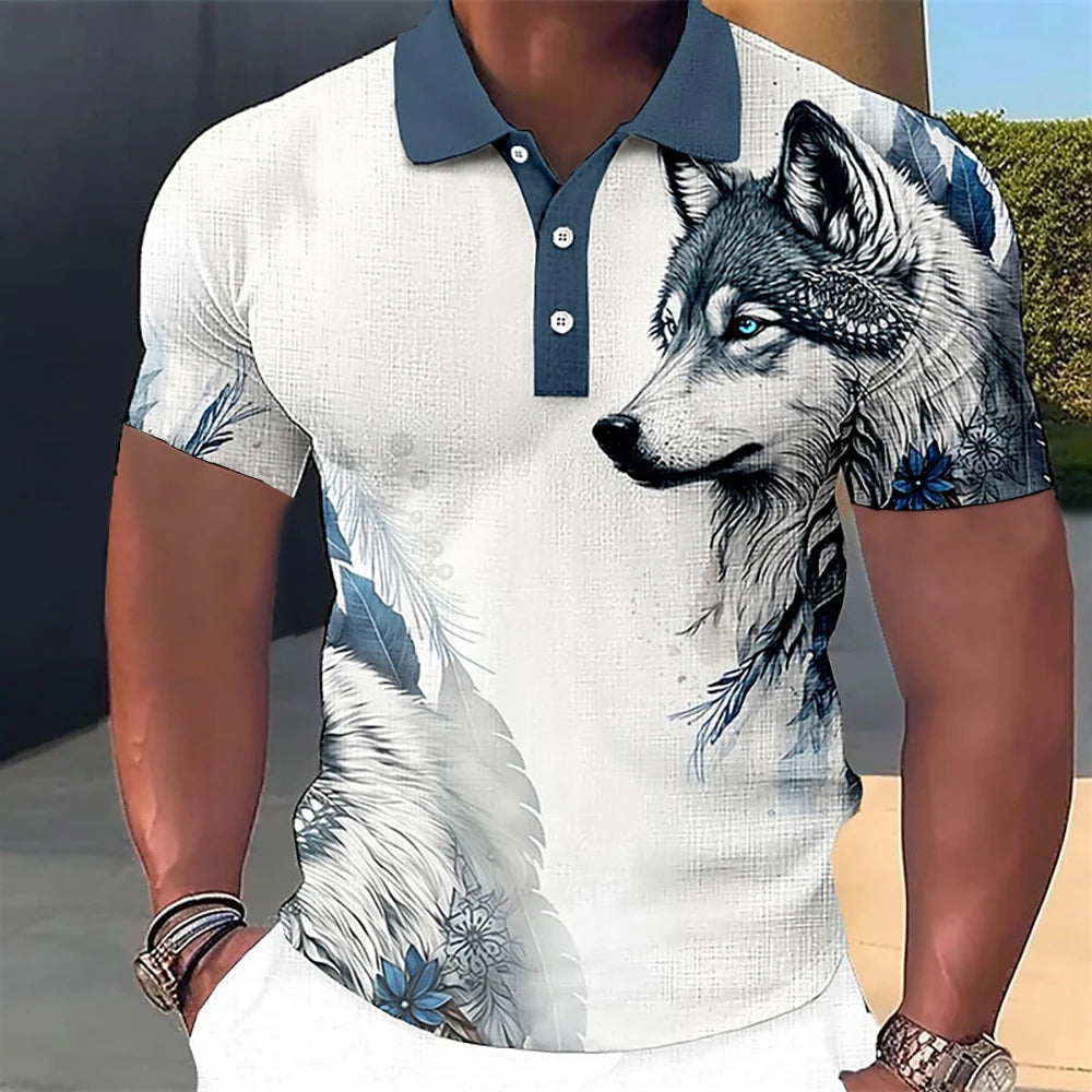 Men’s Polo Shirt with 3D Wolf & Eagle Print – High-Quality Summer Casual Loose Fit Short Sleeve Tee