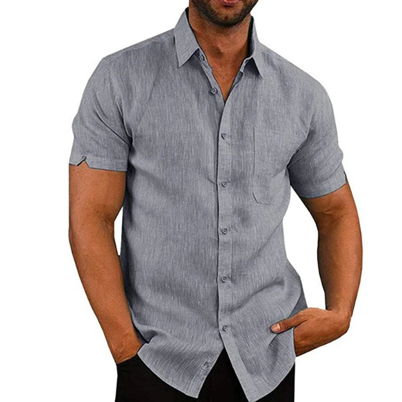 Men’s Summer Cotton Linen Short Sleeve Shirt – Casual & Formal Business Blouse, Lightweight Breathable Top