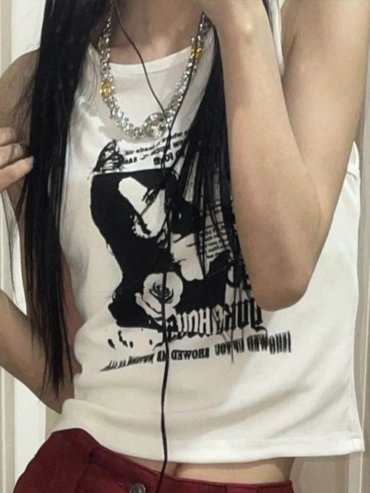 Y2K-Inspired Grunge Ribbed Knit Crop Tank Top for Women – Sleeveless, Sexy Streetwear Aesthetic from the 2000s