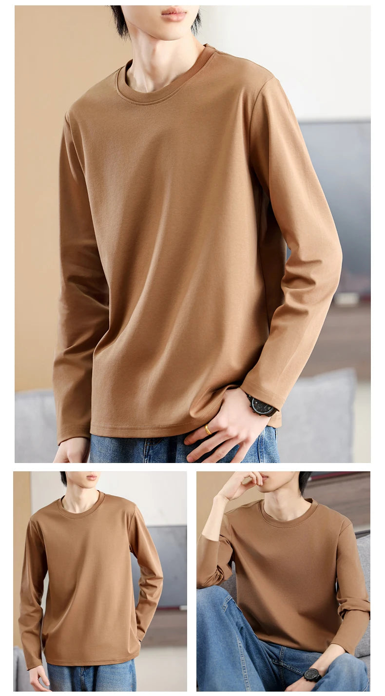 Men's Summer Long Sleeve T-shirt – Solid Color, Round Neck, Casual Style, Made from Mercerized Cotton