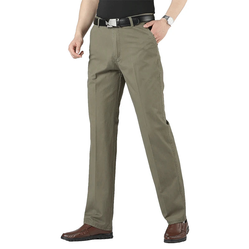 Men's Solid Cotton Straight-Leg Chino Pants – Business Casual Trousers with Belt, Ideal for Autumn & Winter – Classic Formal Style for Adults & Seniors