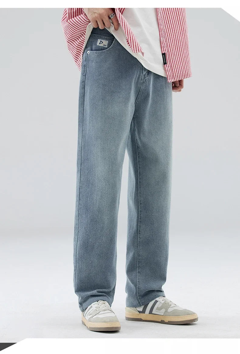 Vintage Men’s Baggy Jeans – Korean Style Starry Sky Fabric, Straight Fit Casual Denim Trousers, High Street Personalized Pants