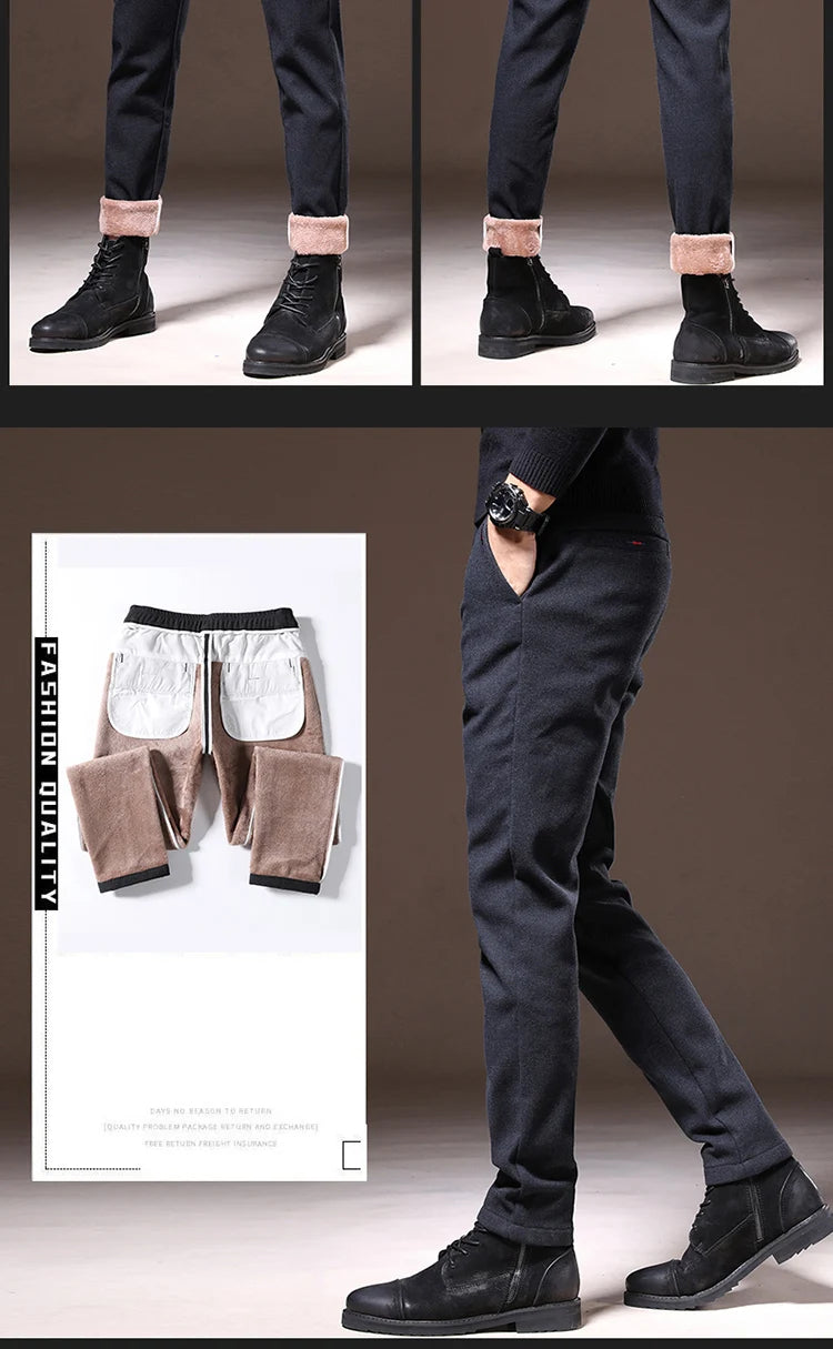 Men's Winter Fleece-Lined Slim Fit Pants – Thick Warm Straight-Leg Casual Business Trousers (Sizes 28-38)