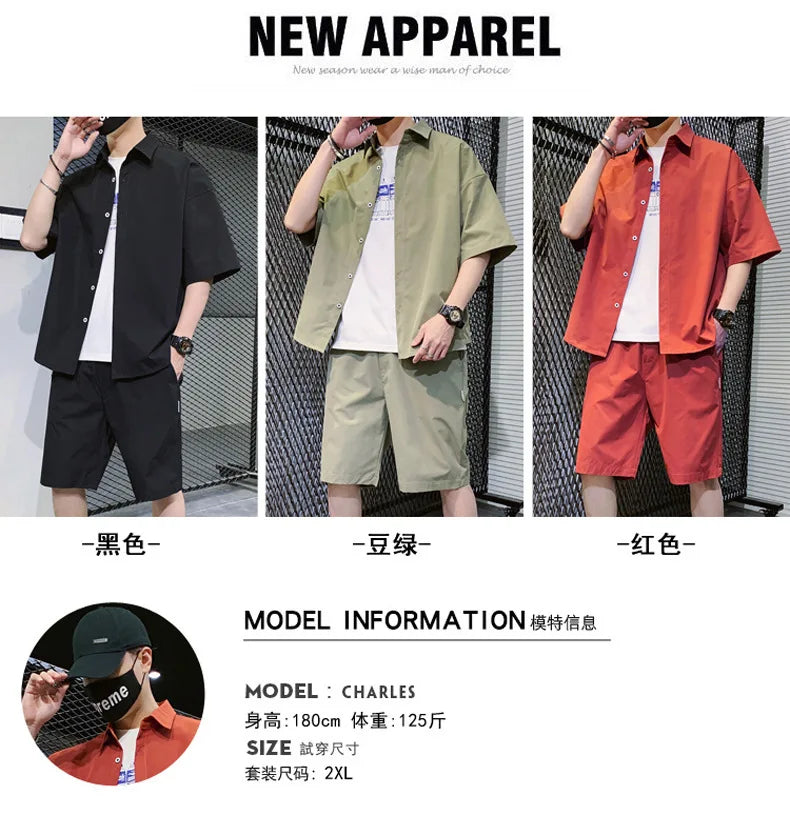 2025 Trendy Korean-Style Men's Summer Outfit – Casual Two-Piece Set Featuring Short Sleeve Shirt & Matching Shorts, Stylish High Street Look for Daily & Streetwear Fashion
