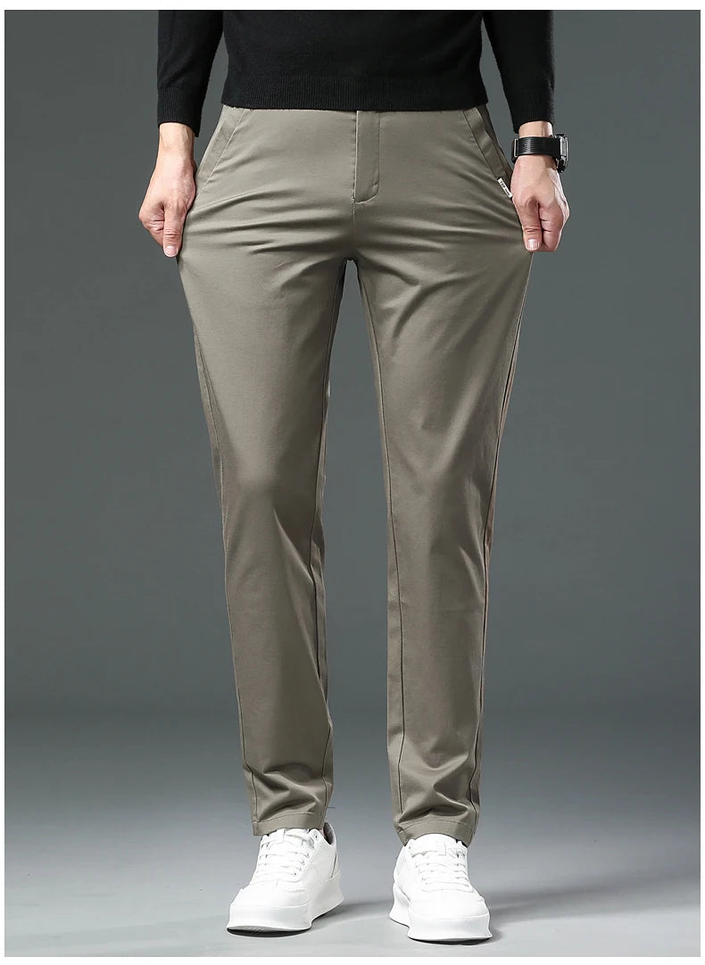 Men’s Classic Straight-Leg Cotton Trousers – 98% Cotton, Breathable Business Casual Pants with Elastic Comfort – Ideal for Spring & Summer