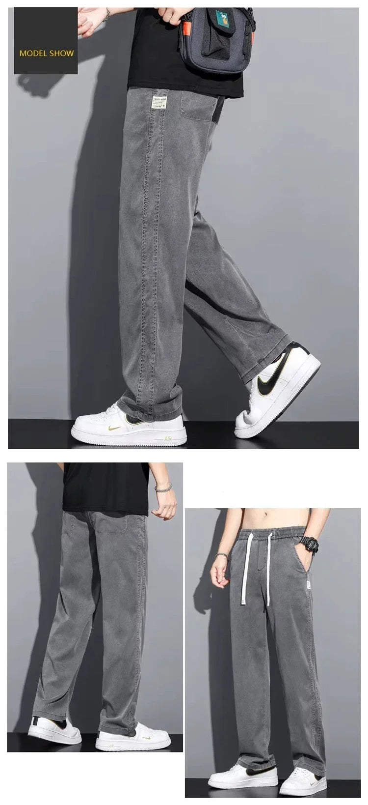 2025 Summer Men's Lightweight Lyocell Jeans – Loose Fit, Straight-Leg Casual Pants with Elastic Waist and Drawstring, Korean Style 