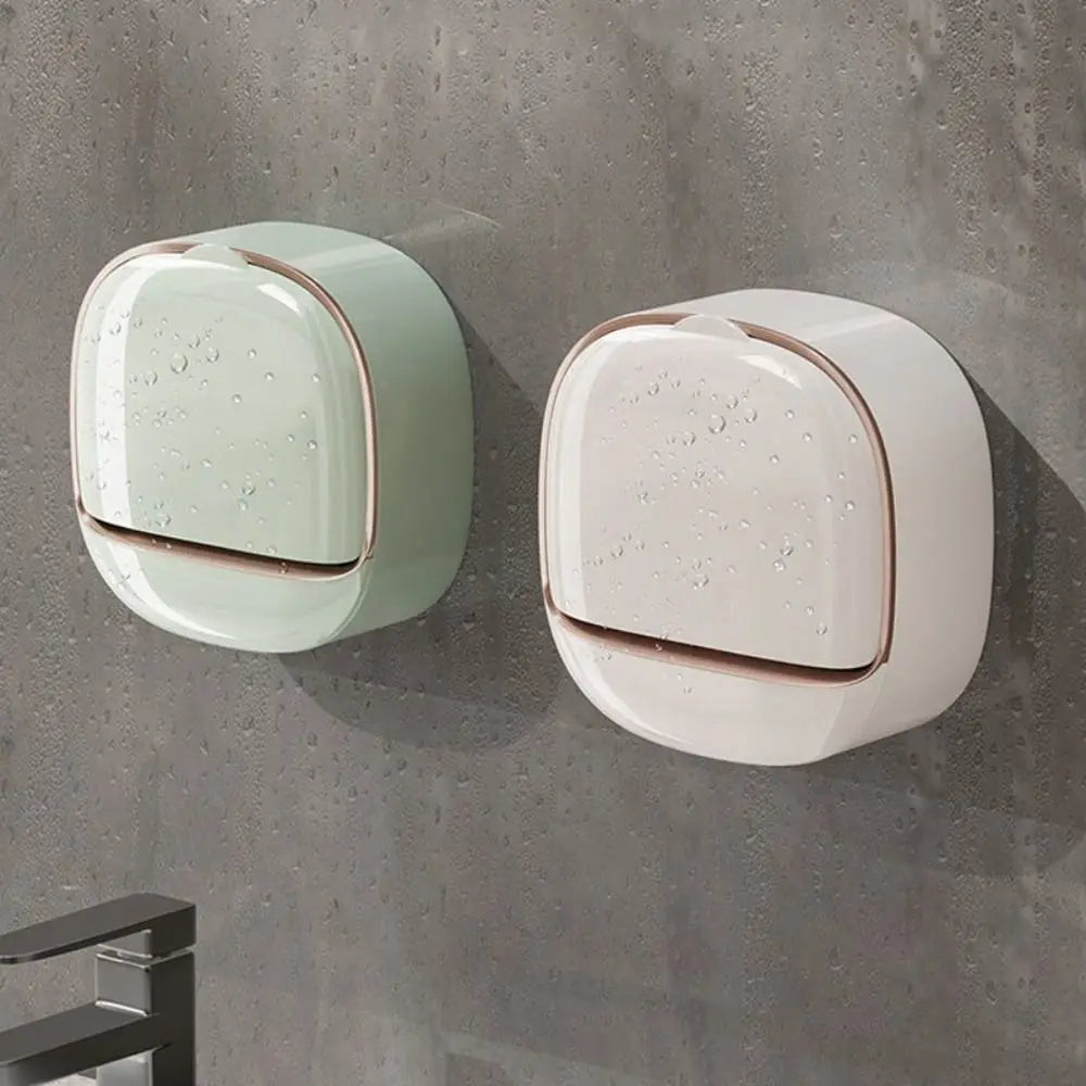 Punch-Free Wall-Mounted Soap Holder with Drainage Tray and Flip Cover – Bathroom Soap Storage Box