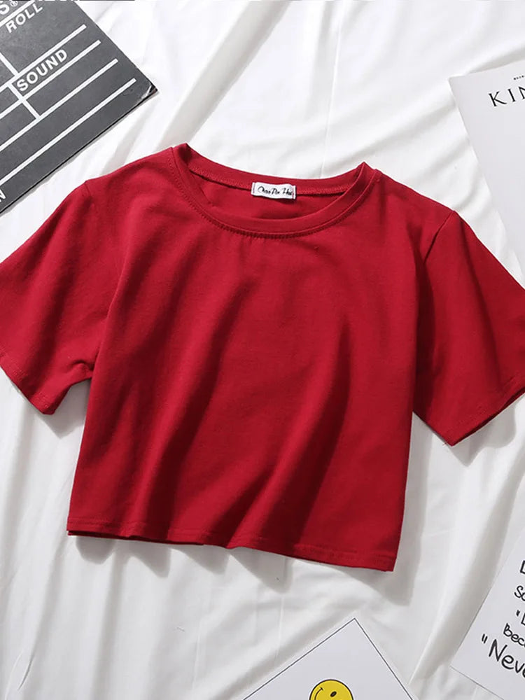 Women’s Summer Casual Cotton Short Sleeve Crop Top – Solid Color O-Neck Loose Fit T-ShirtT