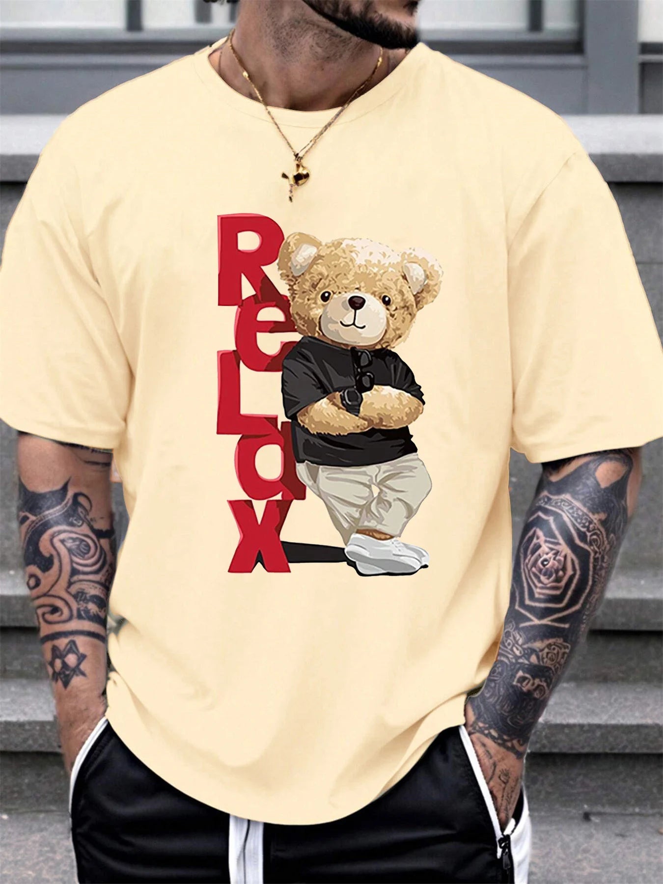 Men’s Summer Casual Loose Fit T-Shirt with Bear Letter Print, 100% Cotton, Round Neck, Short Sleeve, Plus Size Sports Tee
