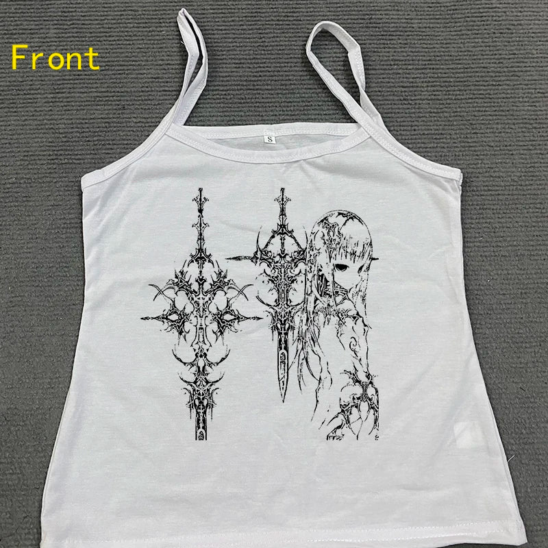 Y2K Aesthetic Women’s Cute Cartoon Print Cropped Tank Top – Sleeveless, Casual, Harajuku-Inspired Grunge Emo Style 