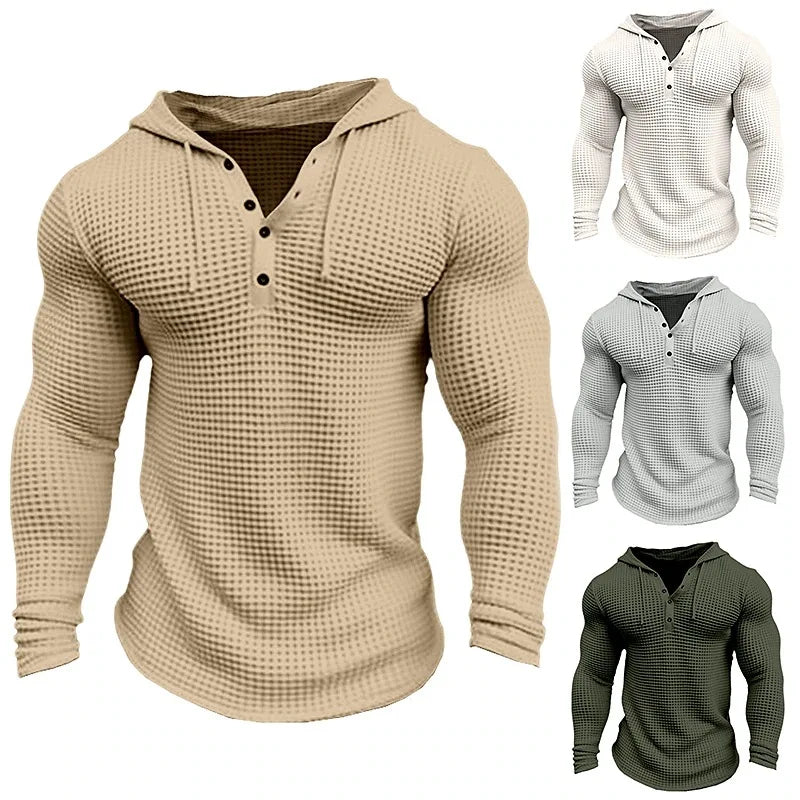 Men's Slim Fit Waffle Knit Long Sleeve Pullover – Solid Color Casual Streetwear Top, Comfortable Outdoor T-Shirt (Sizes M-3XL)