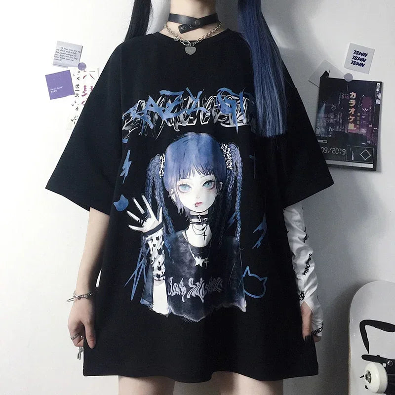 Women's Gothic Harajuku Loose T-Shirt – Aesthetic Dark Grunge Y2K Streetwear Top