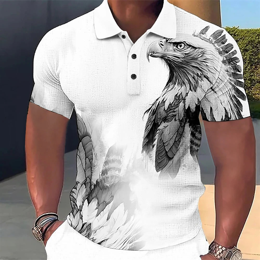 Men’s Polo Shirt with 3D Wolf & Eagle Print – High-Quality Summer Casual Loose Fit Short Sleeve Tee