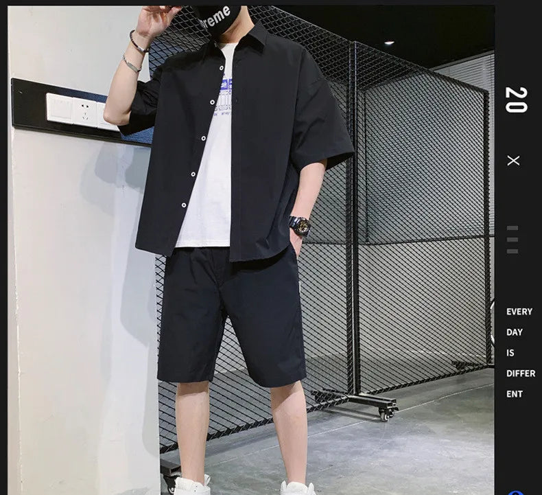 2025 Trendy Korean-Style Men's Summer Outfit – Casual Two-Piece Set Featuring Short Sleeve Shirt & Matching Shorts, Stylish High Street Look for Daily & Streetwear Fashion