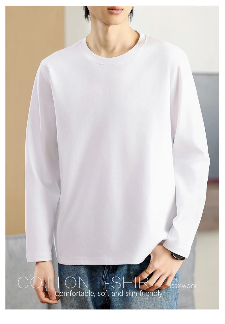 Men's Summer Long Sleeve T-shirt – Solid Color, Round Neck, Casual Style, Made from Mercerized Cotton