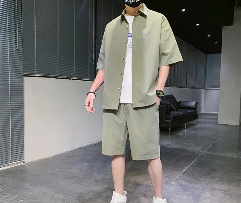 2025 Trendy Korean-Style Men's Summer Outfit – Casual Two-Piece Set Featuring Short Sleeve Shirt & Matching Shorts, Stylish High Street Look for Daily & Streetwear Fashion